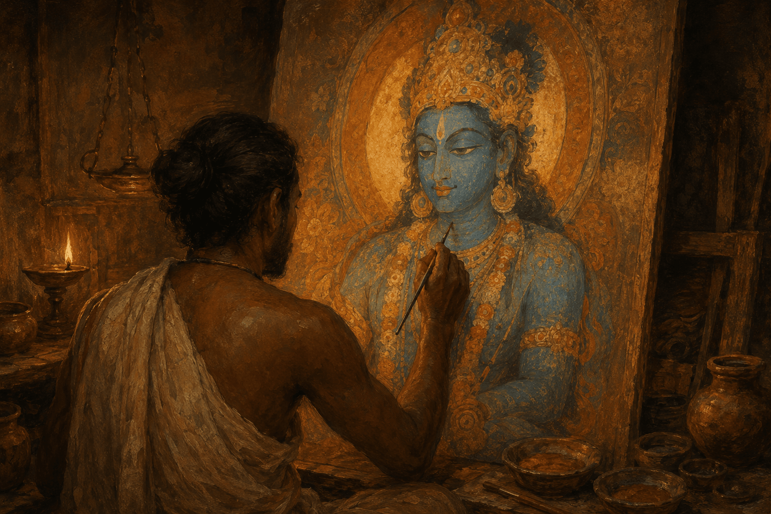 An artist painting a devotional fresco by oil-lamp light