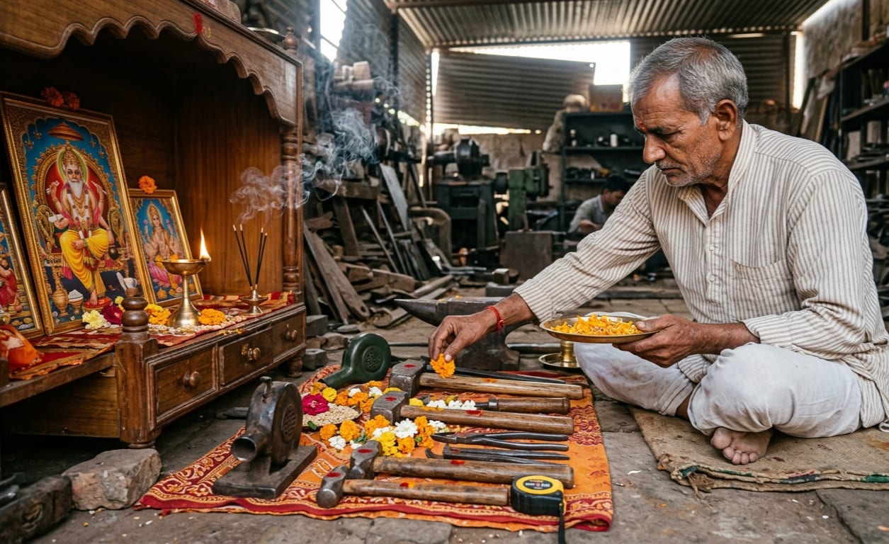 A craftsman performing puja to his tools with incense burning