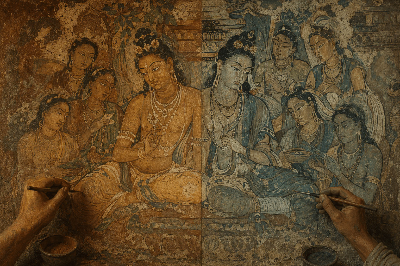 Hands restoring an Ajanta-style mural of court figures