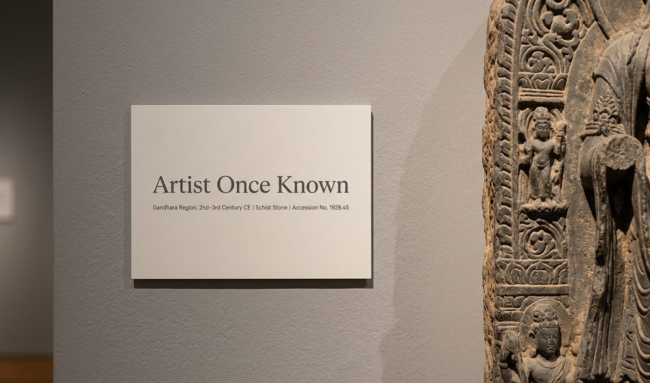 Museum gallery wall with an ‘Artist Once Known’ label beside a stone sculpture