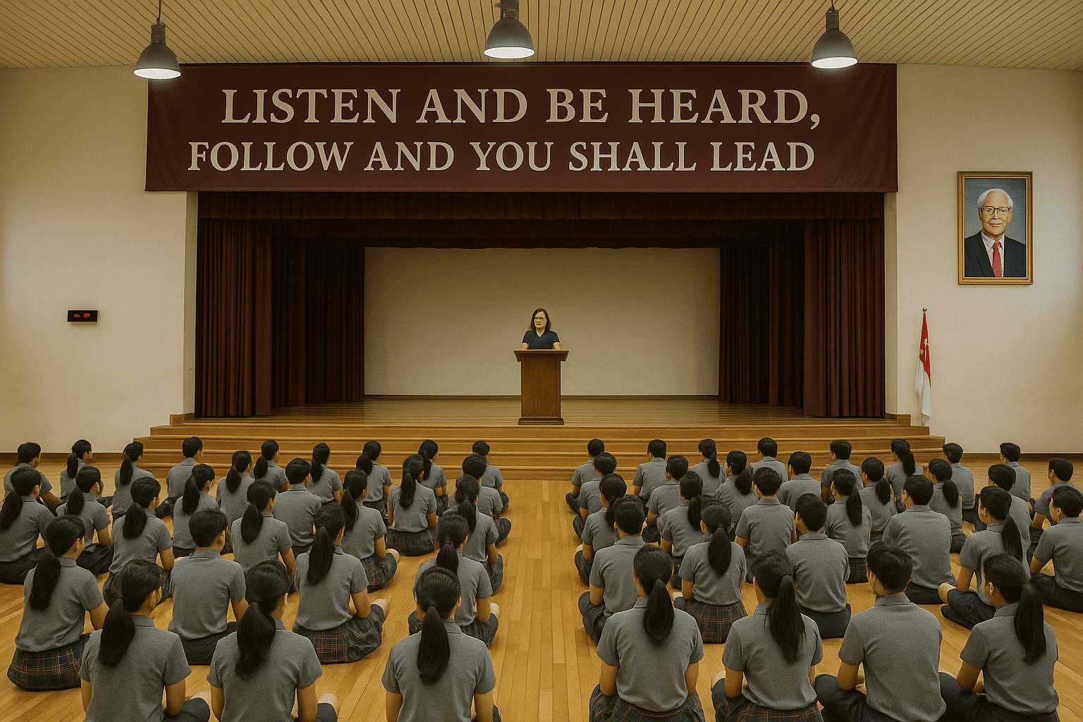 A school assembly hall with students beneath a banner reading ‘Listen and be heard, follow and you shall lead’