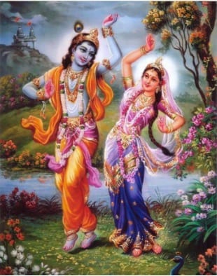Krishna playing the flute as Radha dances beside him
