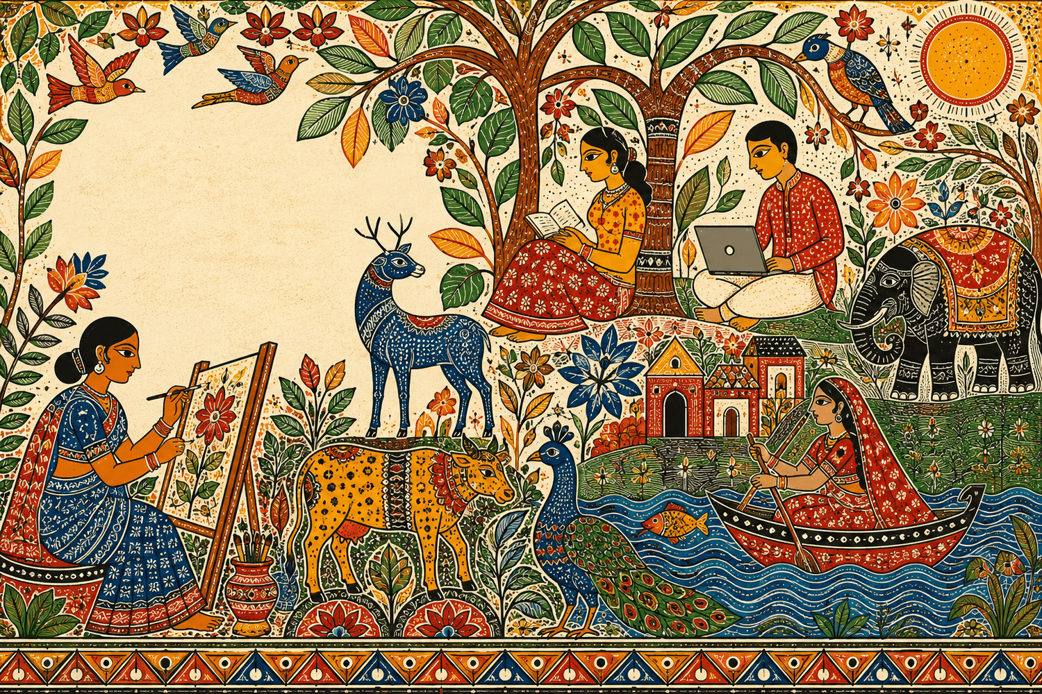Madhubani-style mural of people reading, painting, and working at a laptop beneath a tree