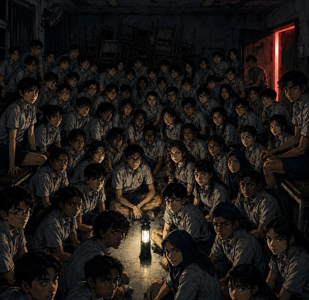 Students crowded around a single lantern in a darkened classroom, from the cover of Classroom Warfare
