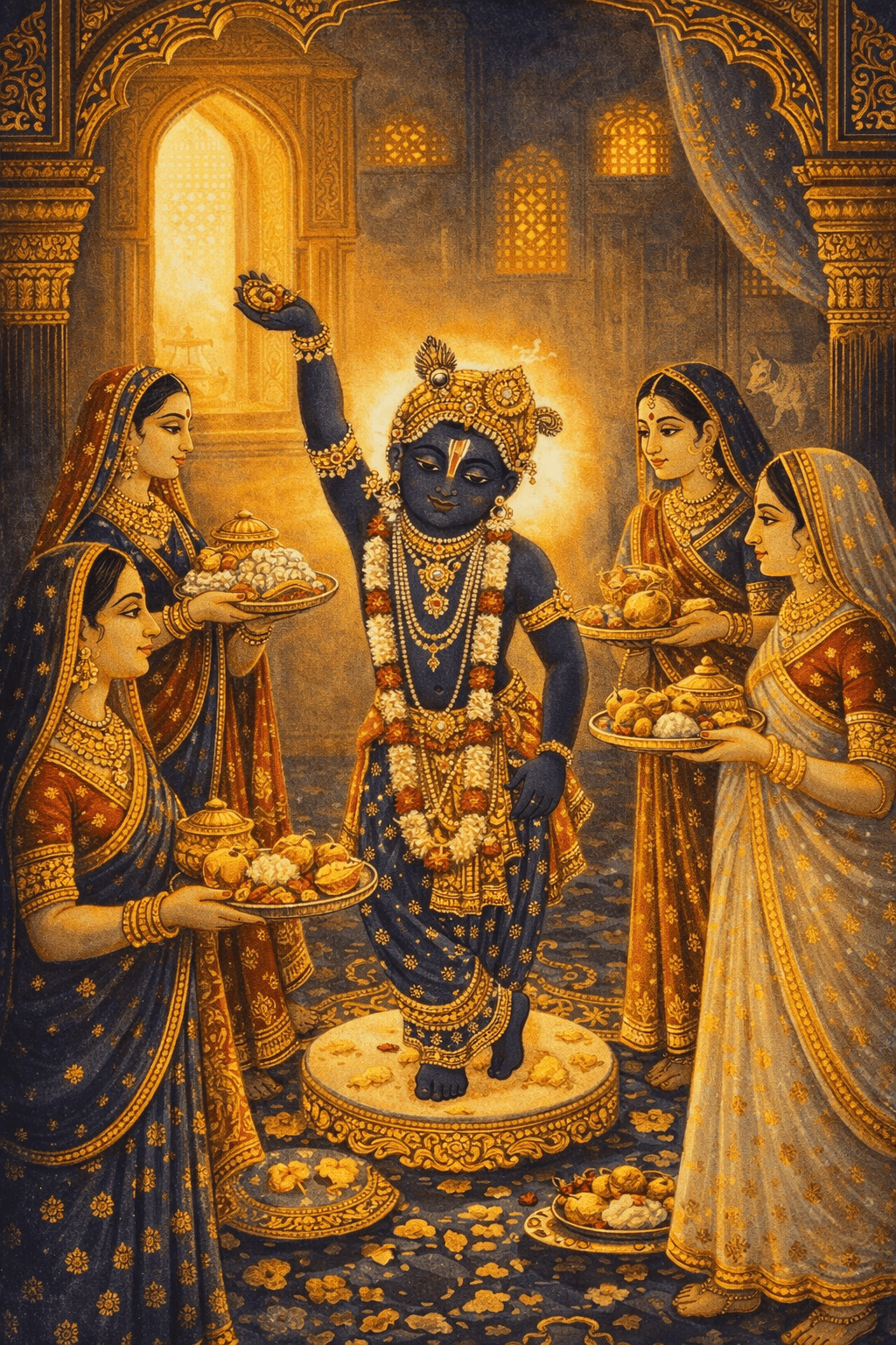 Painting of the blue-skinned Krishna with Radha in golden light