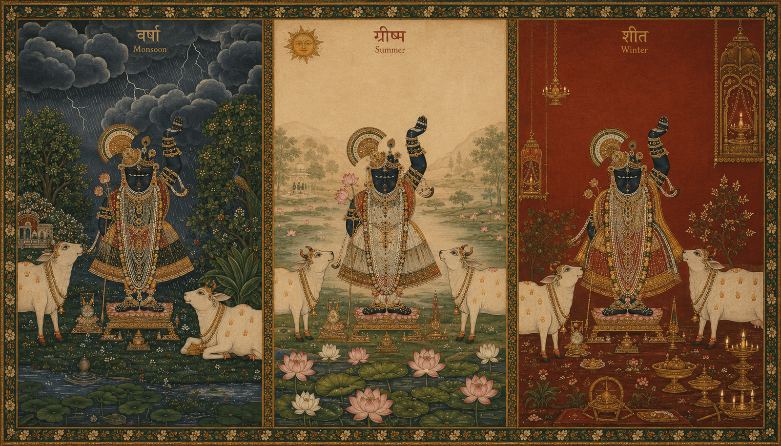 Paired Pichvai of Shrinathji in monsoon-night and daytime darshan
