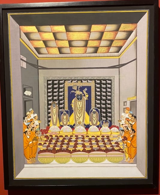 Interior of the Shrinathji haveli shrine at Nathdwara with offerings